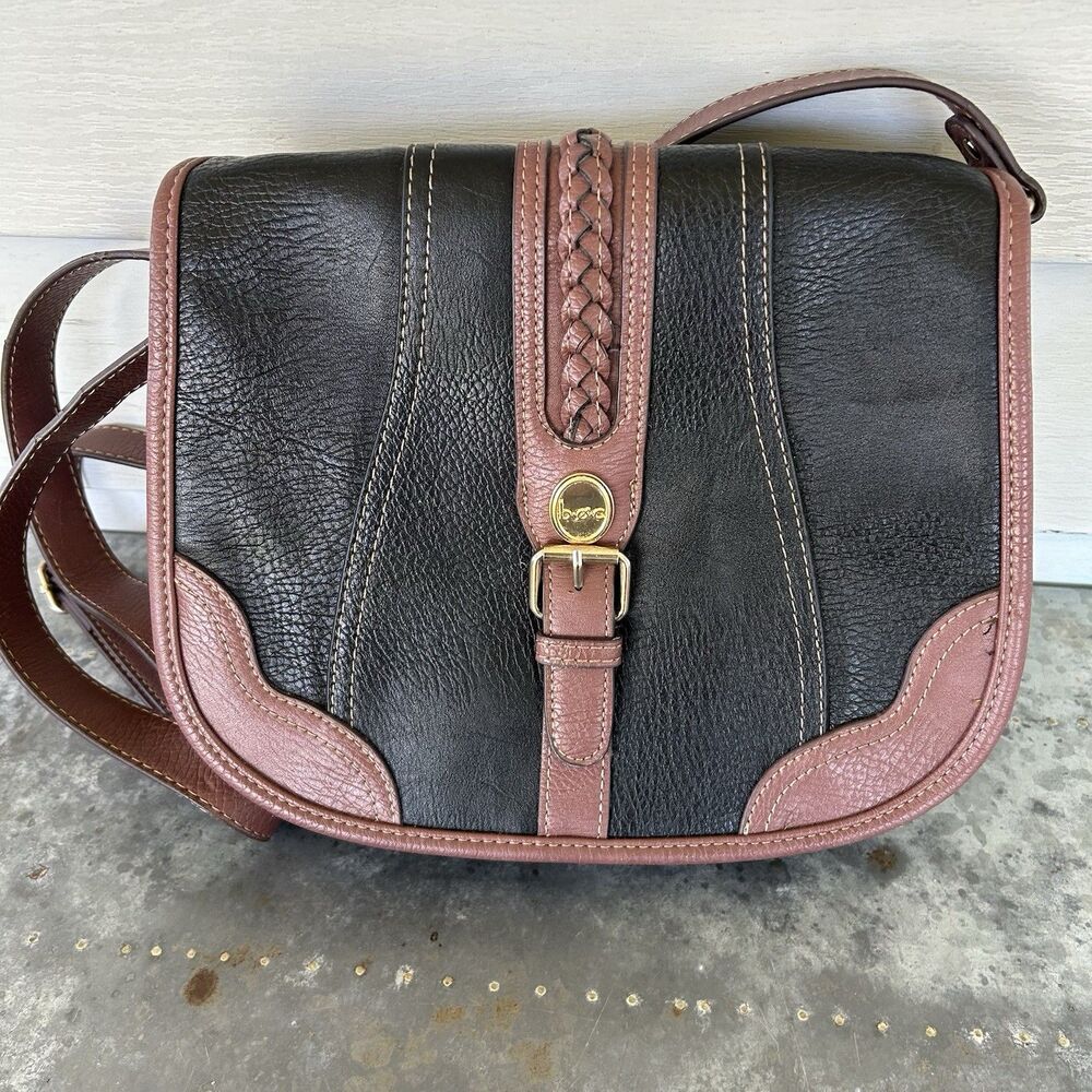 BOC Shoulder Handbag Saddle Bag Crossbody Black Brown Braid Accent Faux Leather
